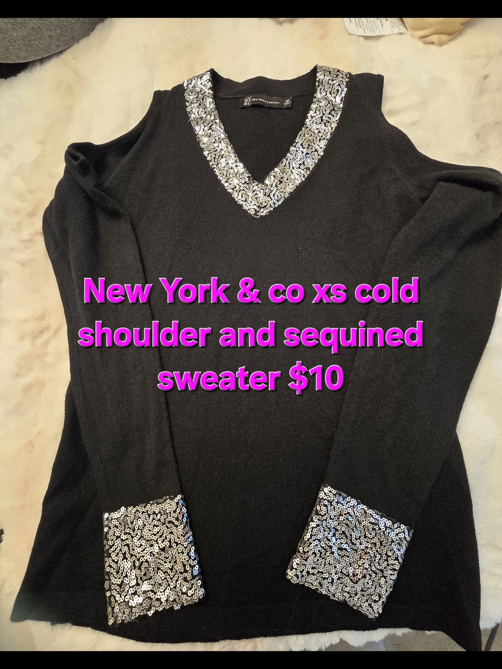New York & Company Black Cold-Shoulder Sweater with Silver Sequin Trim